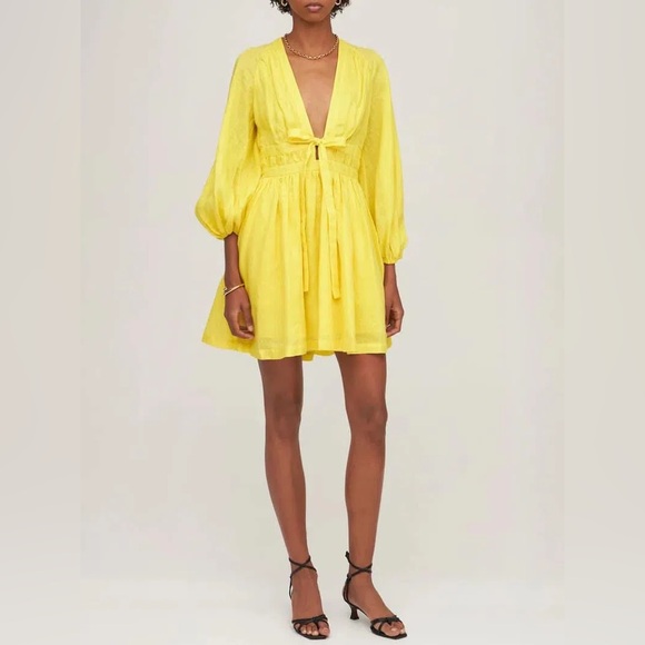 Zimmermann yellow linen Shelly plunge bow mini dress - Picture 1 of 14